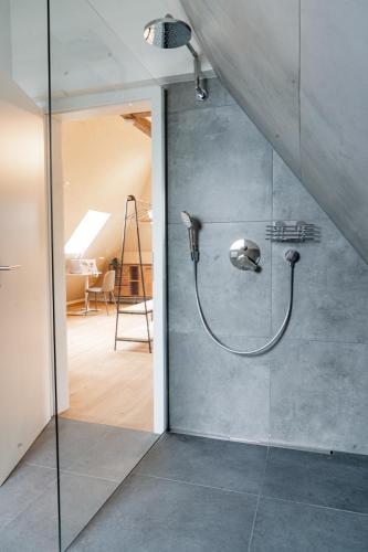 a shower in a bathroom with a glass door at Pension Elisa in Bad Friedrichshall