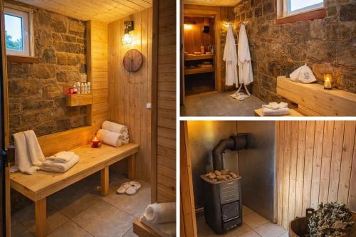 a bathroom with a bench and a table in a room at Im Wald in Gleiszellen-Gleishorbach