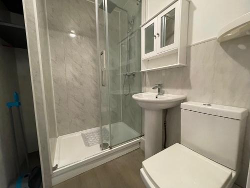 a bathroom with a shower and a toilet and a sink at The Mews in the heart of Stockton Heath in Warrington