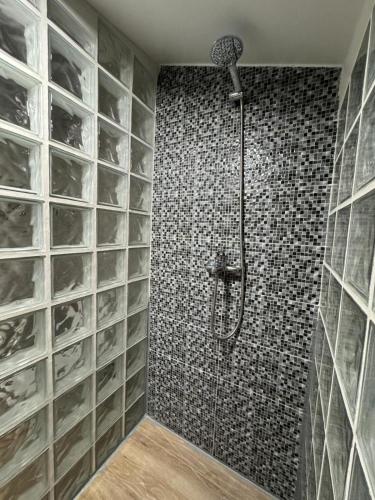a bathroom with a shower with tiled walls at House in the Heart of Funchal with big balcony in Funchal