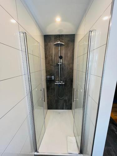 a shower with a glass door in a bathroom at Ferienwohnung am Eberbach in Stadtoldendorf