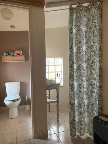 a bathroom with a toilet and a table at Maisonnette ardéchoise au centre du village in Nozières