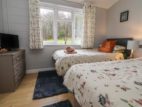 a bedroom with two beds and a tv and a window at Holly Lodge in Holywell