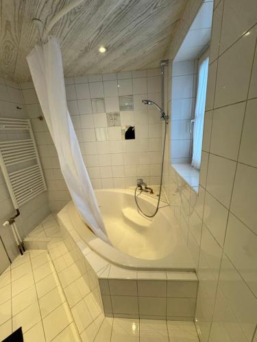a bathroom with a tub with a shower in it at Oberalm Apartment Gemütliche 2 Zimmer Wohnung in Oberalm
