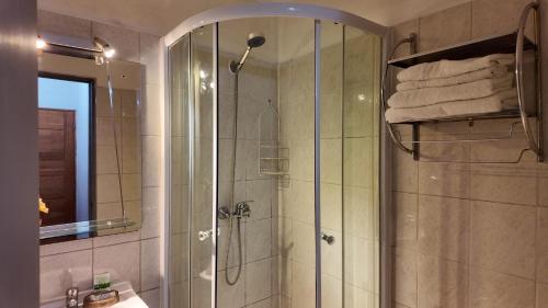 a bathroom with a shower with a glass door at Chilhotel en Providencia in Santiago