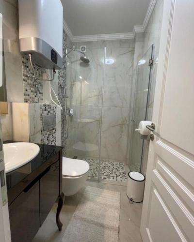 a bathroom with a shower and a toilet and a sink at Adonis 204 in Zlatibor