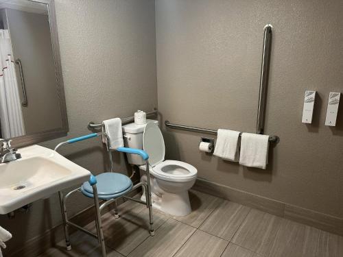 a bathroom with a toilet and a sink and towels at Red Roof Inn & Suites Middleborough in Middleboro