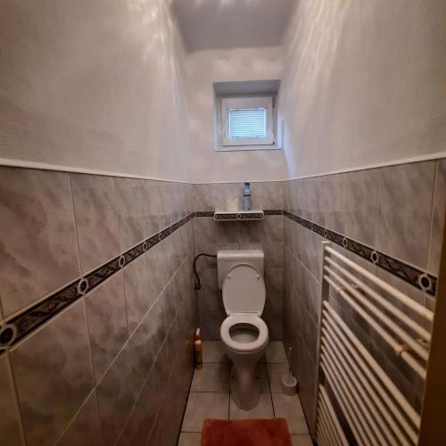 a small bathroom with a toilet and a window at Pension Paradise Slowakia in Pastovce
