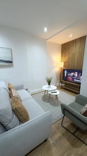 a living room with a couch and a tv at Modern apartment in Edinburgh in Edinburgh