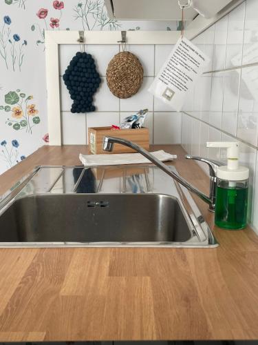 eine Küchenspüle mit Wasserhahn auf einer Arbeitsplatte in der Unterkunft Vita huset at Stora Le in Ed