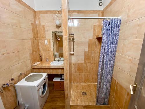 a bathroom with a washing machine and a sink at Ov152 Apartman in Budapest