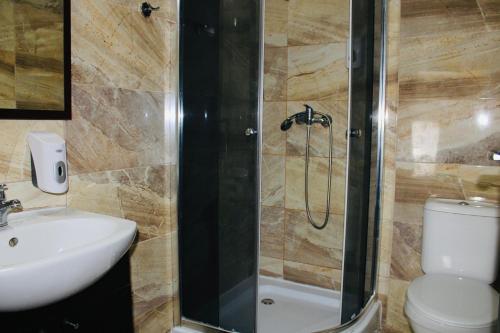 a bathroom with a shower and a sink and a toilet at Penzión Gazarka in Šaštín