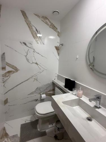 a bathroom with a sink and a toilet and a mirror at Apartamento del sole in Vitória
