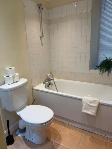 a bathroom with a toilet and a tub and a sink at Stylish Glasgow Apartment in Whiteinch