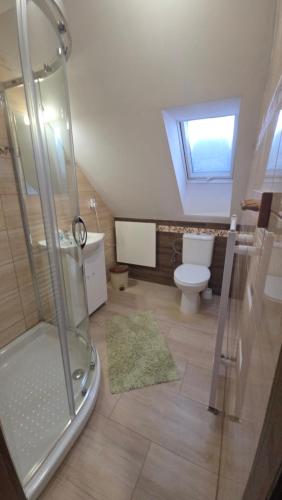 a bathroom with a shower and a toilet at Chata vo dvore in Osturňa