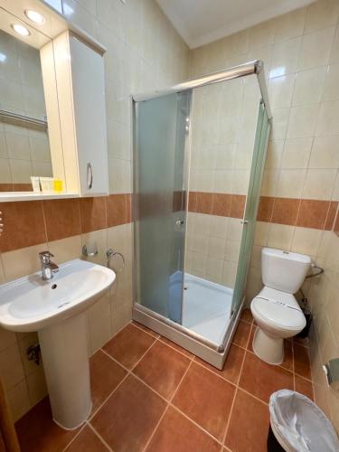 a bathroom with a shower and a toilet and a sink at Маєток Сокільське in Tyudov