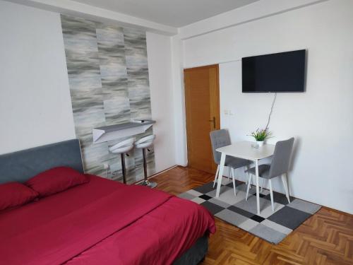 sypialnia z łóżkiem, stołem i telewizorem w obiekcie Park apartment w mieście Brczko