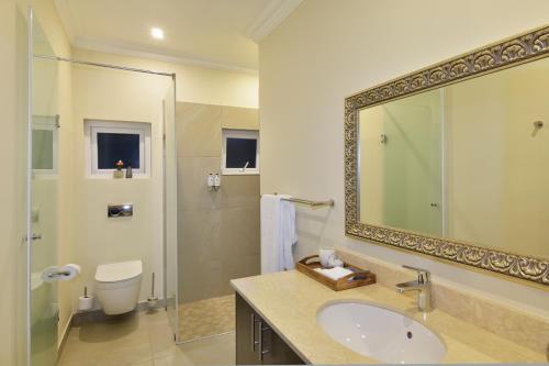 a bathroom with a sink and a toilet and a mirror at Sandown Guest House in Johannesburg