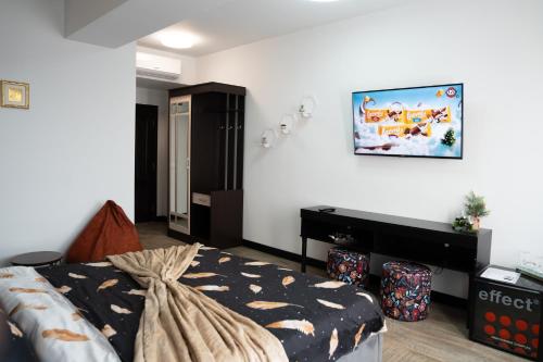 a bedroom with a bed and a television on the wall at Carul cu Flori in Craiova