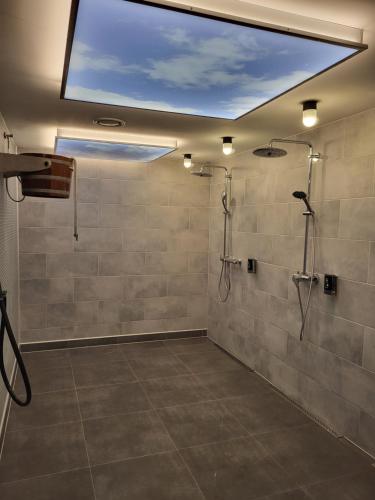 a bathroom with a shower with a skylight at Seevilla West am Großen Plöner See in Ascheberg