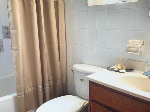 a bathroom with a toilet and a sink and a shower curtain at Tropical superbe views in Saint Johnʼs