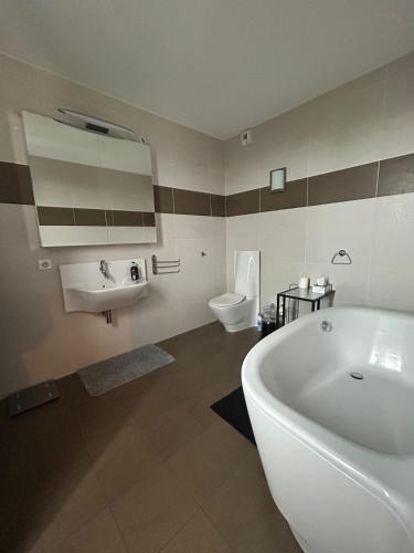 a bathroom with a tub and a sink and a toilet at Big Flat - Direct CERN in Saint-Genis-Pouilly