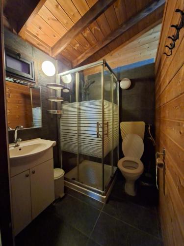 a bathroom with a shower and a toilet and a sink at צימרים מול הנוף in Yarka