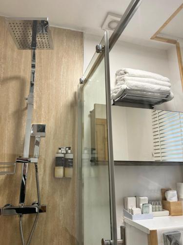 a shower with a glass door in a bathroom at AURORA rural RETREATs in Glendale