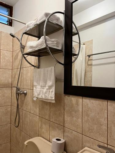 a bathroom with a mirror and a toilet at Rajutuna Inn in Huaraz