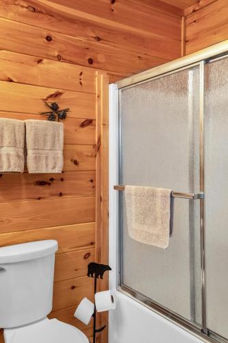 a bathroom with a toilet and a glass shower at Riverfront Lodge in Tellico Plains