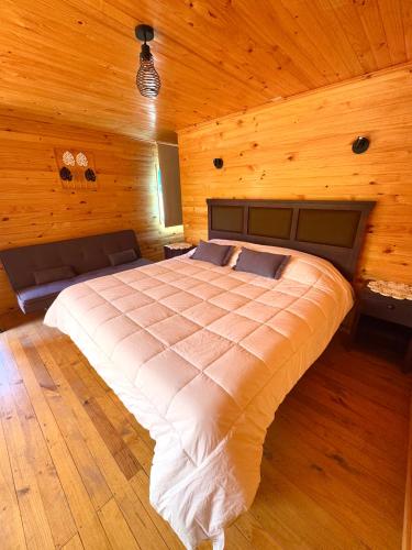 a bedroom with a large bed in a wooden room at Lodge El Pedregan in Codpa