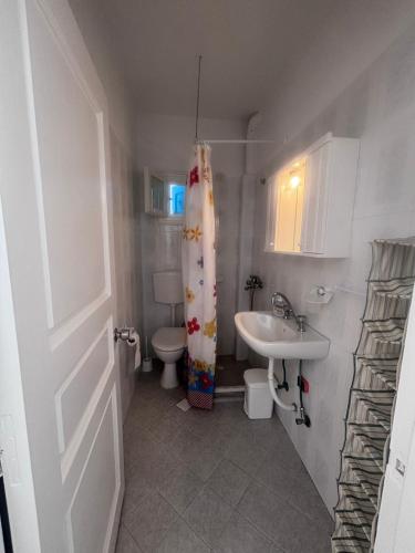 a bathroom with a sink and a shower curtain at Sunset Studio Apartments in Kalymnos