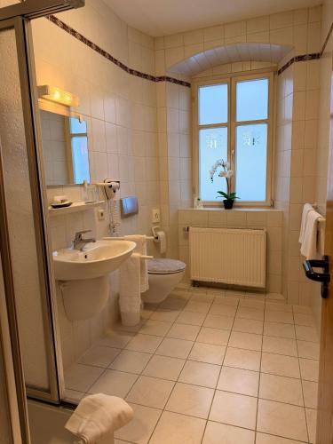 a bathroom with a sink and a toilet and a window at Gasthof Hotel Bräustübl und Haus Boutique in Selb