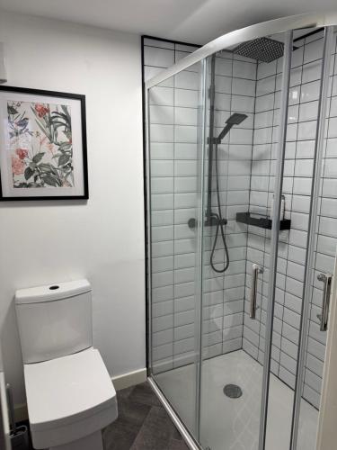 a bathroom with a glass shower with a toilet at Woodlands Banff in Banff