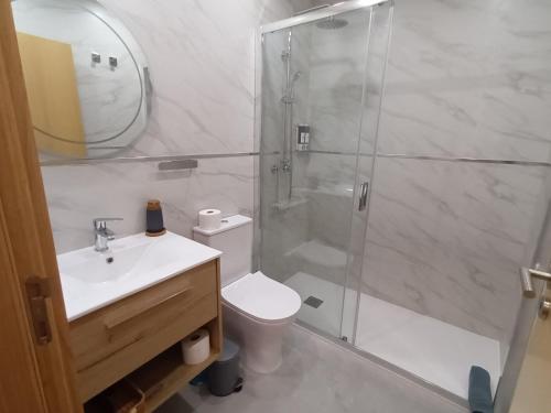 a bathroom with a shower and a toilet and a sink at Panorama Douro House in Armamar