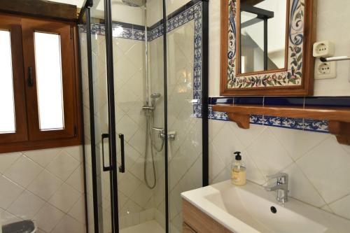 a bathroom with a shower and a sink at Finca La Sierra with private Pool in Cómpeta