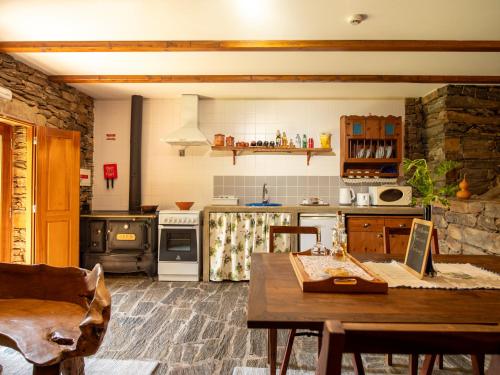 a kitchen with a wooden table and a stove at Bairro do Casal - Turismo d'Aldeia in Vila Nova de Foz Coa