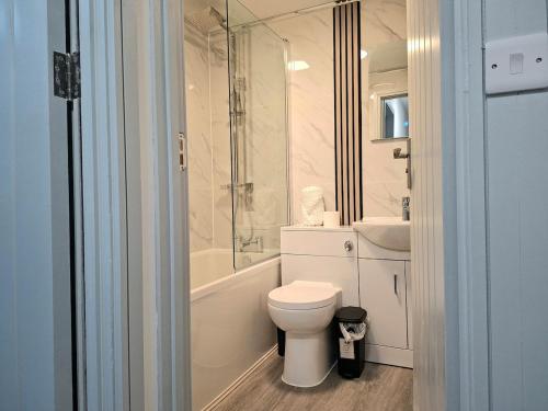 a bathroom with a toilet and a sink and a shower at New & Lovely Spacious 2-Bedroom Villa in Coventry