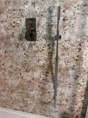 a shower with a glass door on a stone wall at La Dimora Certosina in Padula
