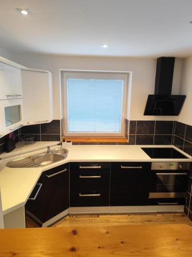 a kitchen with a sink and a window at Apartmán u Trojáků in Pozlovice