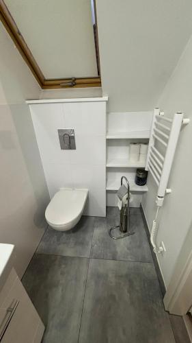 a bathroom with a white toilet and a mirror at Pokoje Pod Pałacem in Kosięcin
