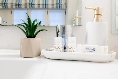 a bathroom counter with a sink and toiletries on it at Ferienhaus Cäcilienhof West in Kampen