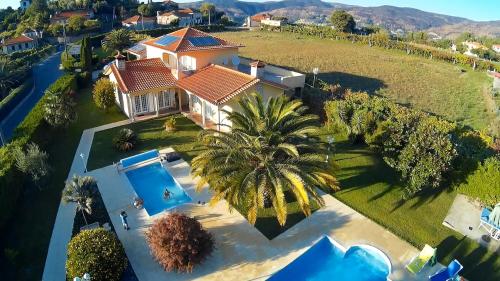 an aerial view of a house with a palm tree at Arouca Passadiços Alojamento & Jacuzzi - SPA in Arouca