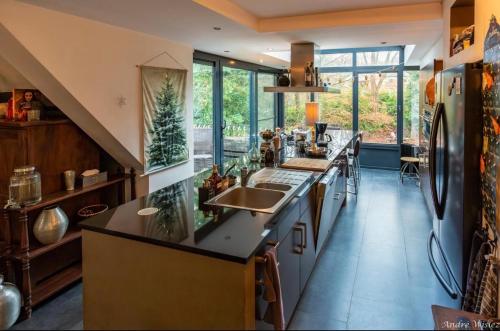 a kitchen with two sinks and a counter with windows at Villa des Bois Sauvages in Liège