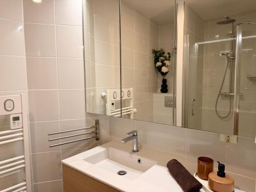 a bathroom with a sink and a shower and a mirror at Le Baloo vue sur mer in Ploemeur