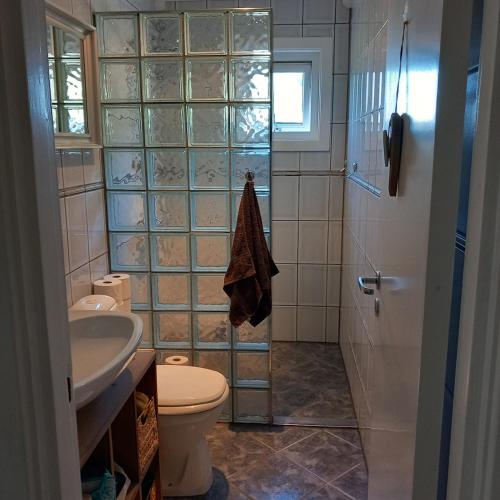 a bathroom with a toilet and a sink and a shower at Central functional apartment with short distance to everything in Sandefjord
