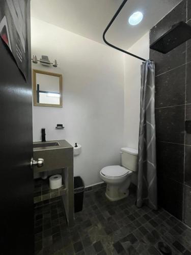 a bathroom with a toilet and a sink and a shower at Hotel Gandag in Orizaba