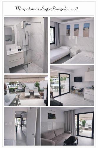 a collage of photos of a bedroom and a living room at Maspalomas Lago Canary Sunset in Maspalomas