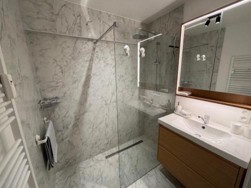 a bathroom with a glass shower and a sink at Orion NorthSea Suite in Blankenberge