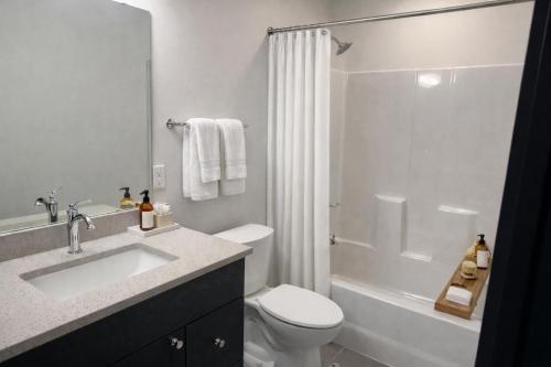 a bathroom with a sink and a toilet and a shower at Brick & Bed Riverfront Lofts, T 401 in Saint Louis